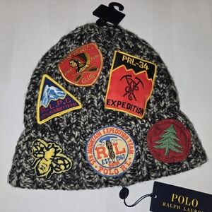 Polo Ralph Lauren Charcoal Knit Beanie 13 All Over Wilderness Patches Hat 1 Of 1
